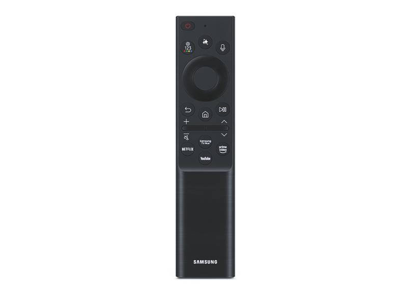 Schwarze TV-Fernbedienung mit Tasten für Strom, Mikrofon, Lautstärke und Apps.