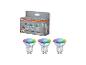 Drei smarte, mehrfarbige GU10 LED-Spots in Verpackung, 4.7W, 350lm.