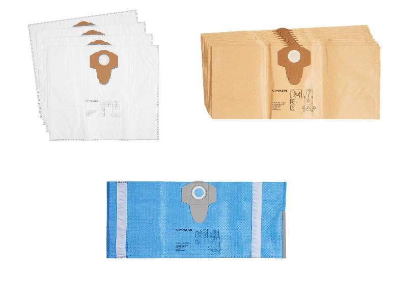 Drei Arten von Staubsaugerbeuteln: weiße synthetische, braune Papier- und blaue synthetische.