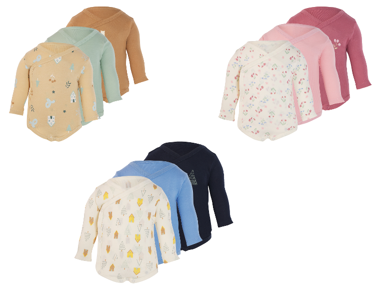 3er-Set Langarm-Babybodys mit verschiedenen Mustern und Farben.