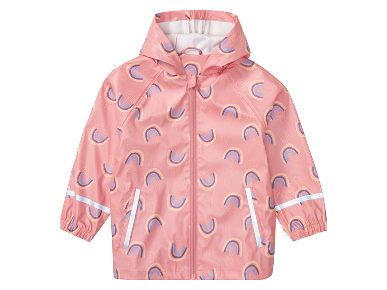 Ein rosafarbener Regenmantel mit Regenbogenmuster für Kinder.