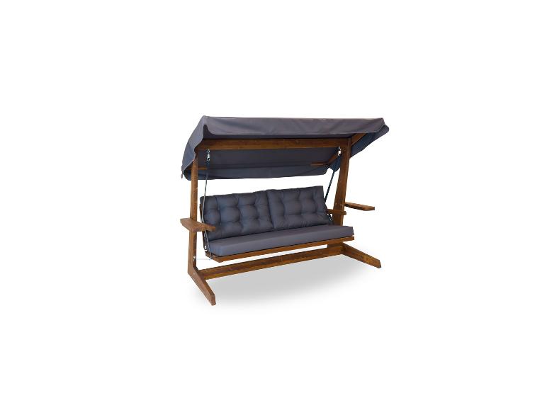 Gartenschaukel aus Holz mit grauen Kissen und Dach