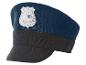 Dunkelblaue Polizeimütze mit schwarzem Schirm und silbernem Abzeichen