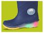 Dunkelblauer Kinder-Regenstiefel mit leuchtender Sohle und 'Happy Day' Wolken-Badge.