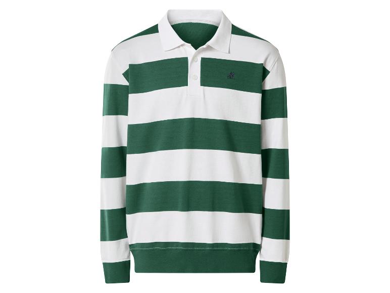 Grün-weiß gestreiftes Langarm-Poloshirt mit weißem Kragen und Knöpfen.