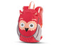 Ein roter Rucksack mit Eulenmotiv.