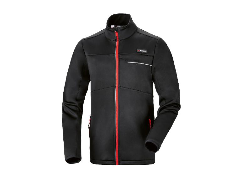 Schwarze Herren-Softshelljacke mit rotem Reißverschluss und reflektierenden Details.