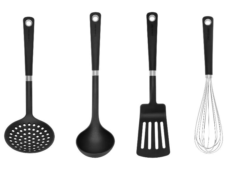 SilverCrest Küchenhelfer-Set: Schaumlöffel, Schöpfkelle, Pfannenwender und Schneebesen.