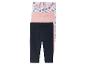 Drei Leggings für Kinder: eine mit Muschel-Muster, eine rosa und eine dunkelblau.