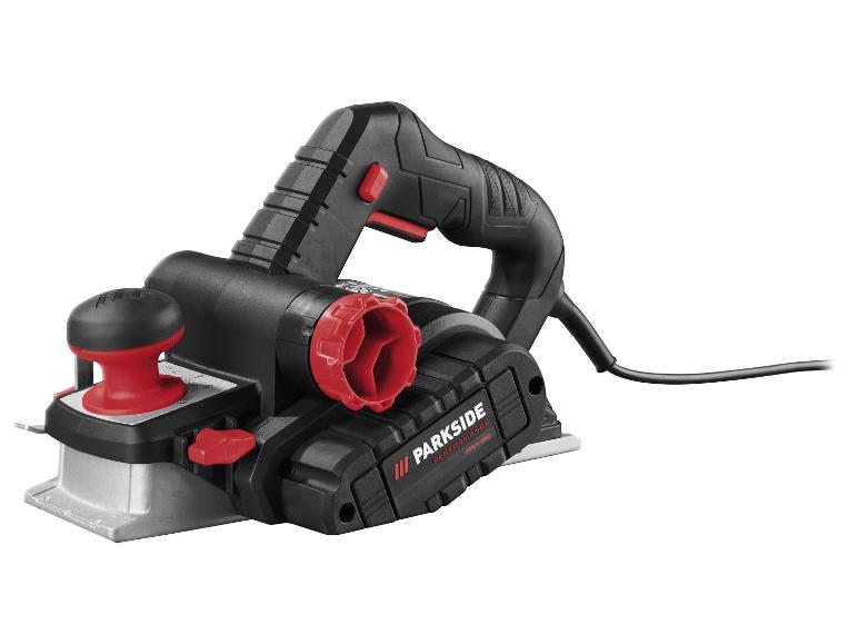 Elektrischer Hobel mit schwarzem Gehäuse und roten Akzenten, für die Holzbearbeitung.