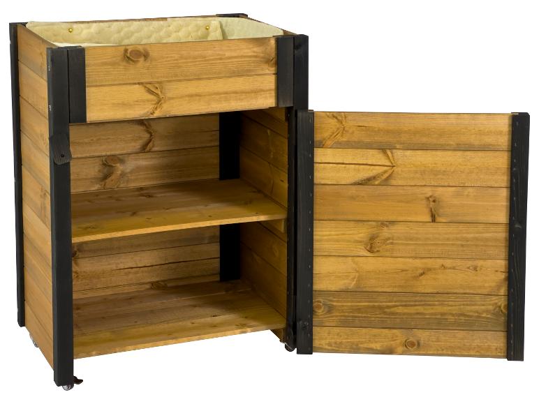 Holz-Hochbeet mit Regalen und Tür, auf Rollen.