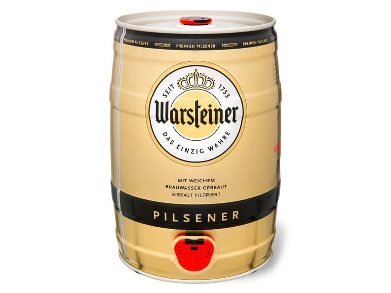 Gehe zu Vollbildansicht: Warsteiner Premium Pilsener 5 L Bierfass mit Zapfhahn, Pfandfrei 4,8 % Vol - Bild 1