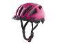 Rosa Fahrradhelm mit schwarzem Visier und verstellbaren Riemen.