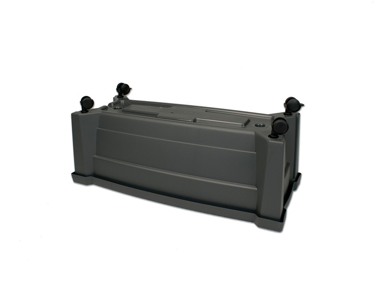 Eine graue Plastik-Aufbewahrungsbox mit Rollen.