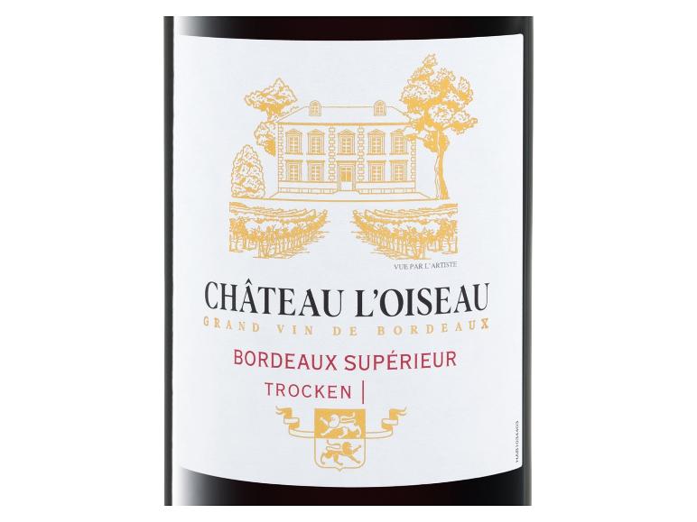 Château L'Oiseau Bordeaux Supérieur Trocken Rotwein-Etikett mit Schlossillustration.