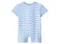 Blau-weiß gestreifter Baby-Strampler mit kurzen Ärmeln, Rückansicht.