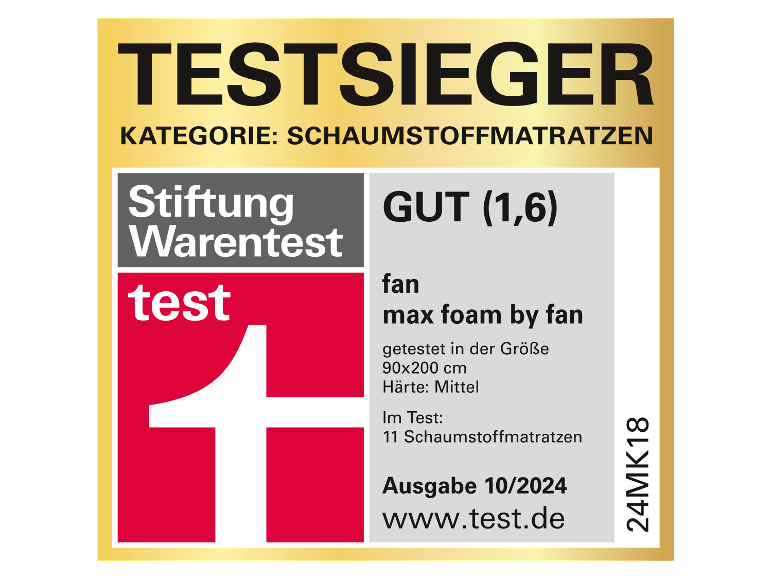 Schaumstoffmatratzen-Testlabel mit der Bewertung „GUT (1,6)“ von Stiftung Warentest.