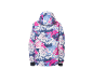 Damen-Skijacke mit abstraktem Muster in Pink, Blau und Weiß, Rückansicht.