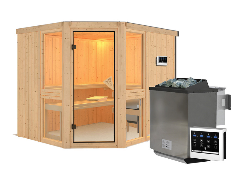 Gehe zu Vollbildansicht: Karibu Indoor-Sauna »Helsinki«, mit Eckeinstieg, 9 kW Ofen - Bild 36