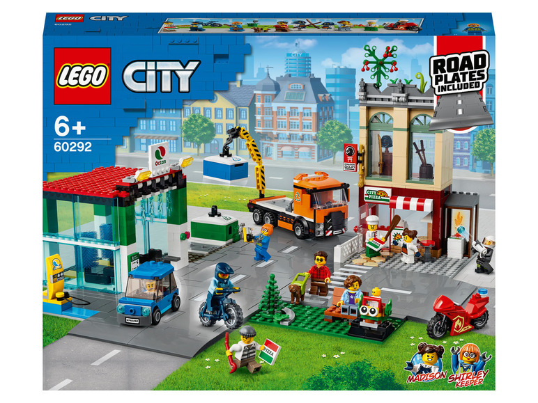 Lego City Set mit einer Tankstelle, einer Pizzeria und Minifiguren