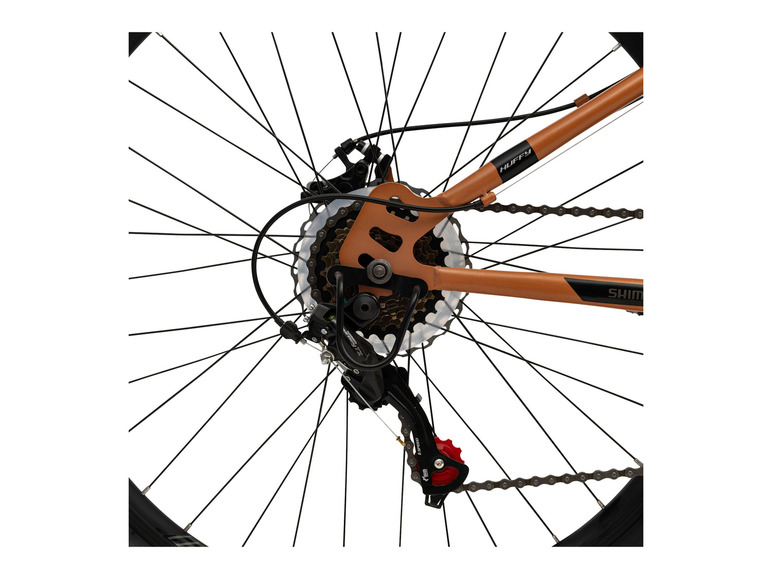 Hinterrad eines braunen Huffy-Fahrrads mit einer Shimano-Schaltung.