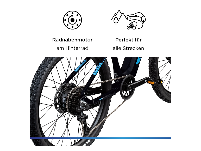 Hinterer Teil eines E-Bikes mit Rädern, Kette und Pedalen.
