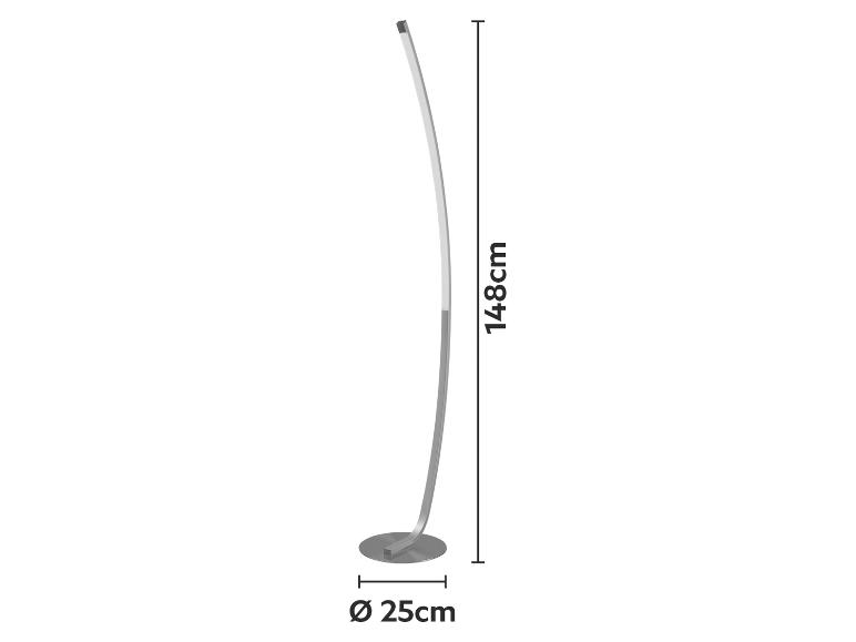 Gebogene LED-Stehleuchte, 148 cm hoch, mit 25 cm Durchmesser Basis.