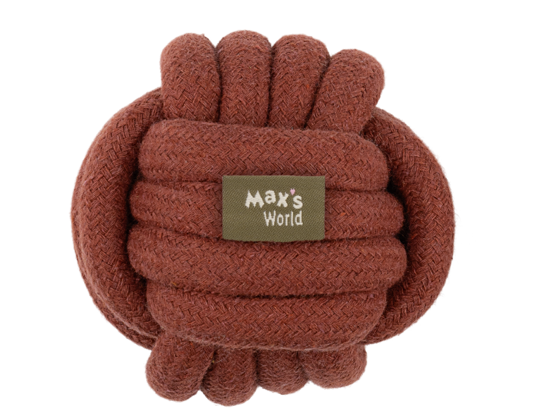 Braunes geflochtenes Seilspielzeug für Hunde mit „Max's World“-Etikett.