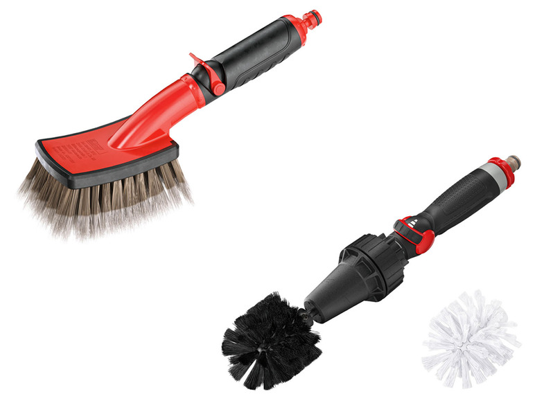 Eine rote Bürste mit Griff und eine schwarze Bürste mit drehbarem Griff.