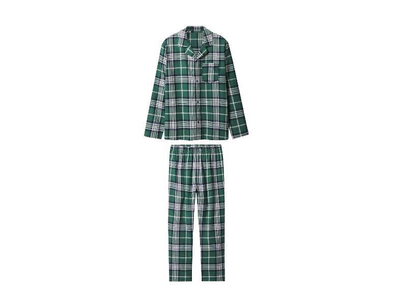 Grüner karierter Pyjama mit Langarmshirt und Hose.