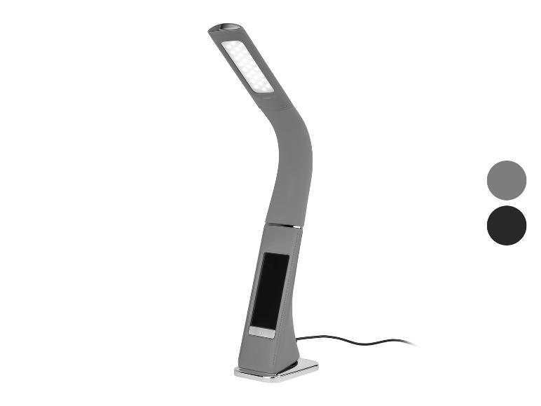 Graue LED-Schreibtischlampe mit Chromfuß und schwarzen Details