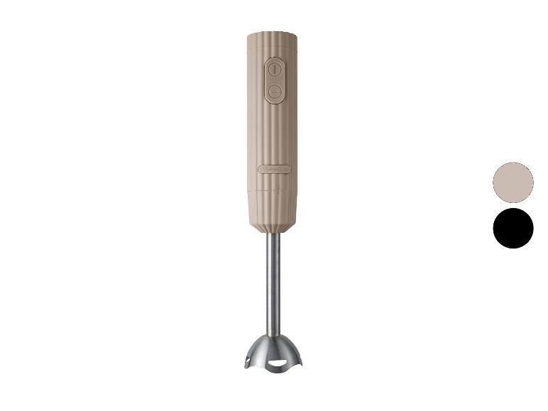 Beiger SilverCrest Stabmixer mit Geschwindigkeits- und Turbotasten und zwei Farbmustern.