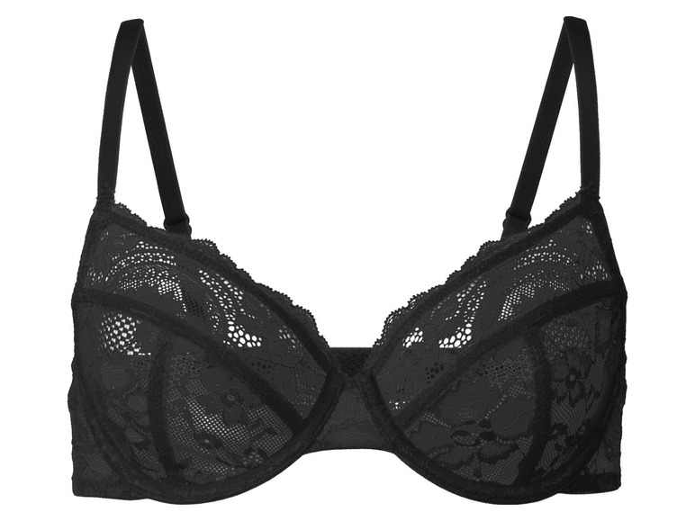 Ein schwarzer BH aus Spitze mit verstellbaren Trägern.