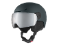 Grauer Skihelm mit verspiegeltem Visier und verstellbaren Riemen.