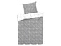 Ein grauer Bettbezug mit weißem geometrischem Muster.