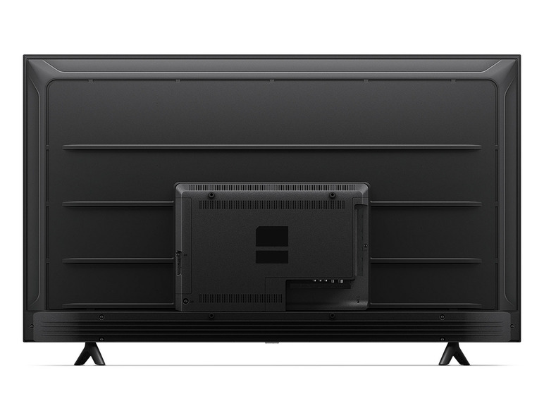 Die Rückseite eines schwarzen Fernsehers mit zwei Beinen.