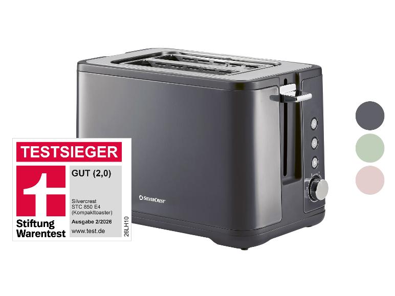 Zwei-Schlitz-Toaster, dunkelgrau, mit der Bewertung „GUT (2,0)“ von Stiftung Warentest.