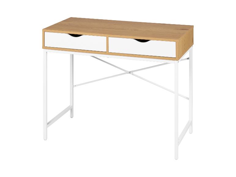Heller Holzschreibtisch mit zwei weißen Schubladen und weißem Metallgestell