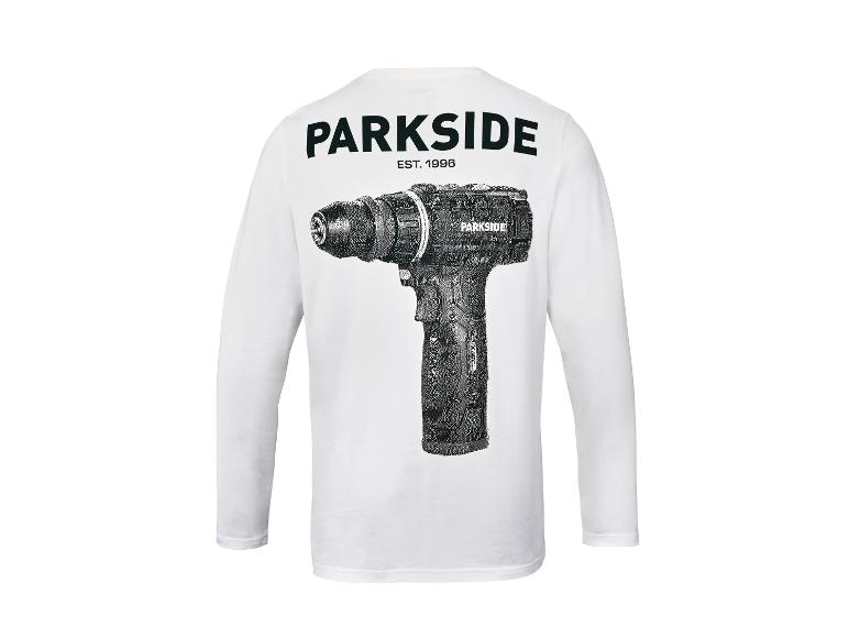 Weißes Herren-Langarmshirt mit Bohrmaschinen-Aufdruck auf dem Rücken