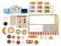 Hölzernes Spielzeug-Bäckerei-Set mit Kasse, Spielgeld, Gebäck und Kaffeezubehör.
