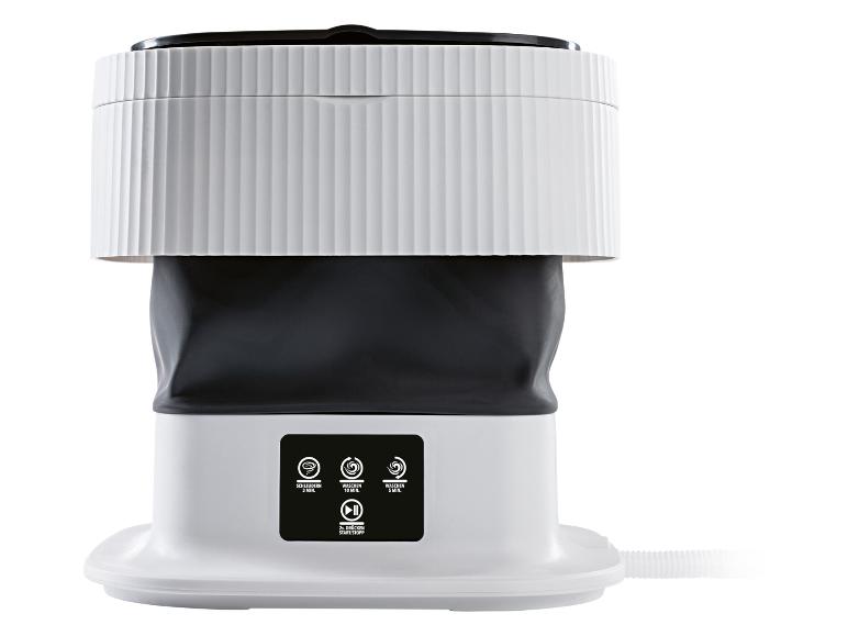 Tragbare Waschmaschine mit Schleuder-, 5-Minuten- und 10-Minuten-Waschzyklen.