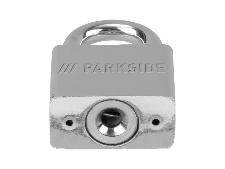 Silbernes Vorhängeschloss mit Schlüsselloch und dem Wort „PARKSIDE“ darauf