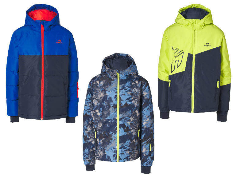 Drei Kinder-Winterjacken: eine blau-marine, eine blau-camouflage und eine neongelb-marine.
