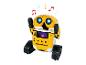Ein gelb-weißer Roboter mit Ketten, leuchtend blauen Augen und Musiknoten darüber.