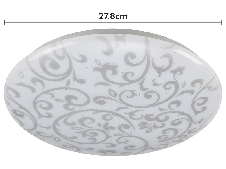 Runde Deckenleuchte mit dekorativem grauem Schnörkelmuster, 27,8 cm groß.