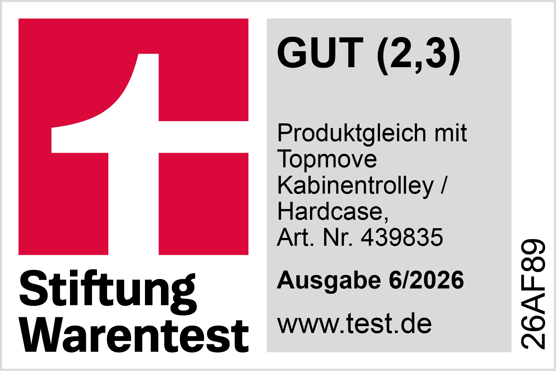 Gütesiegel: GUT (2,3), produktgleich mit Artikelnummer 439835, Ausgabe 6/2026, www.test.de