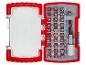 Geöffnetes rotes Schraubendreher-Bit-Set mit verschiedenen Bits und Adapter.