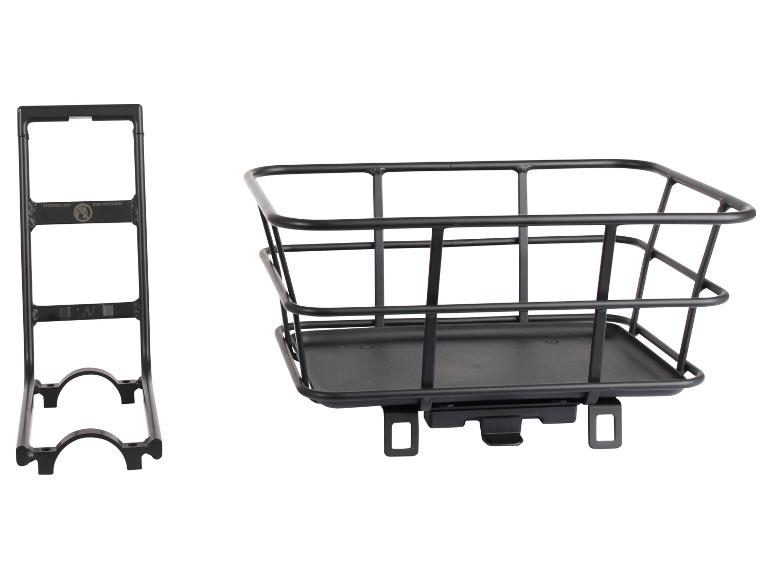 Schwarzer Metall-Fahrradkorb und Montagehalterung.