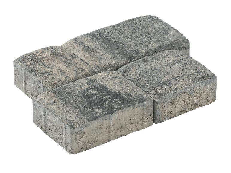 Vier graue und beige strukturierte Pflastersteine, rechteckig angeordnet auf weißem Hintergrund.