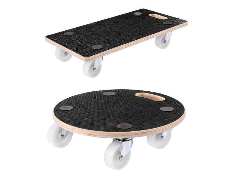 Zwei Rollbretter: ein rechteckiges und ein rundes, beide mit Rollen und rutschfester Oberfläche.